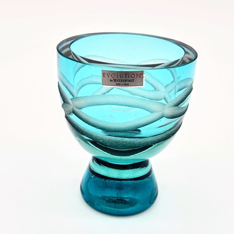 Waterford Evolution blue art glass vase with frosted white swirl design, made in Ireland.