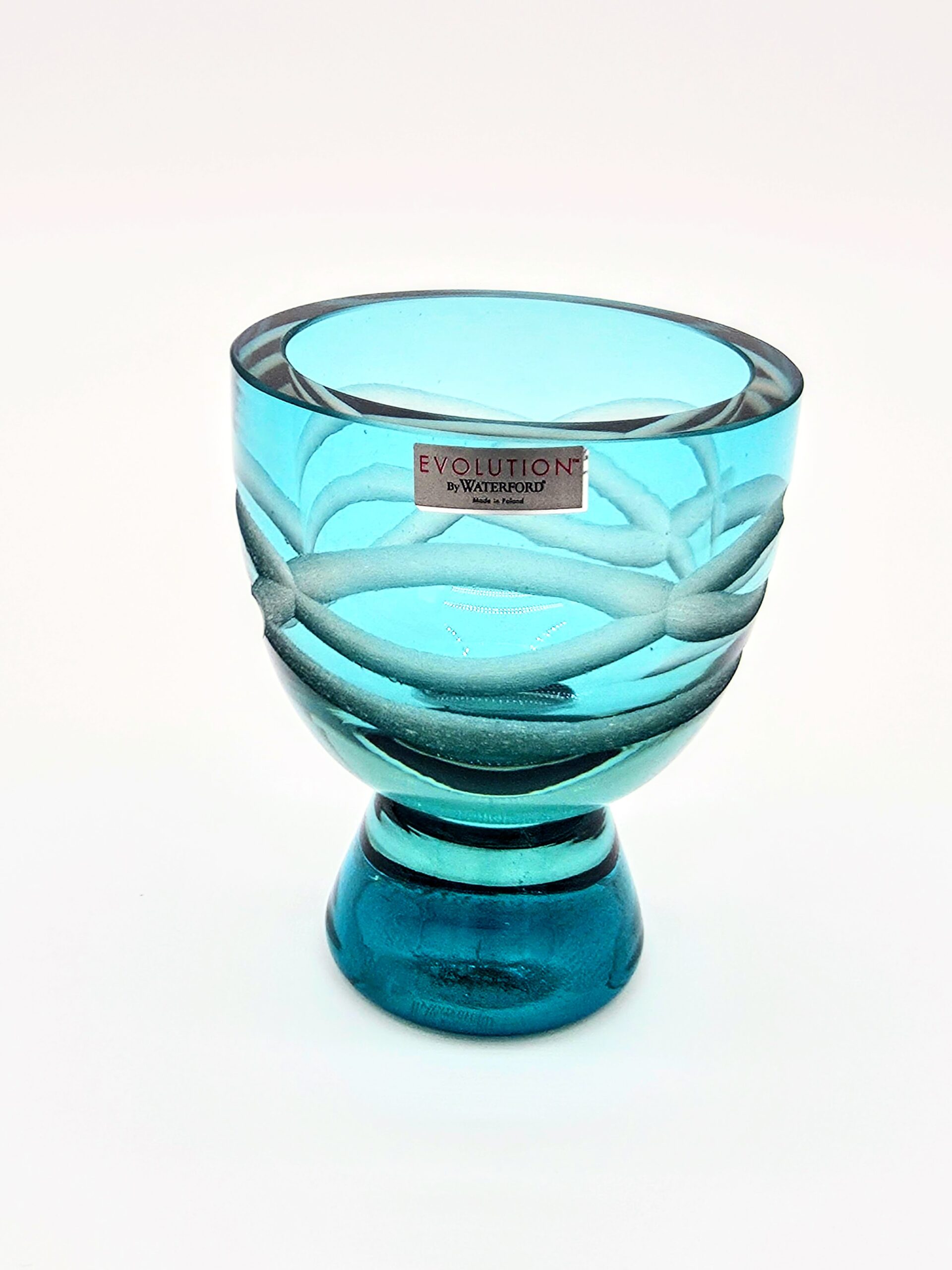 Waterford Evolution blue art glass vase with frosted white swirl design, made in Ireland.