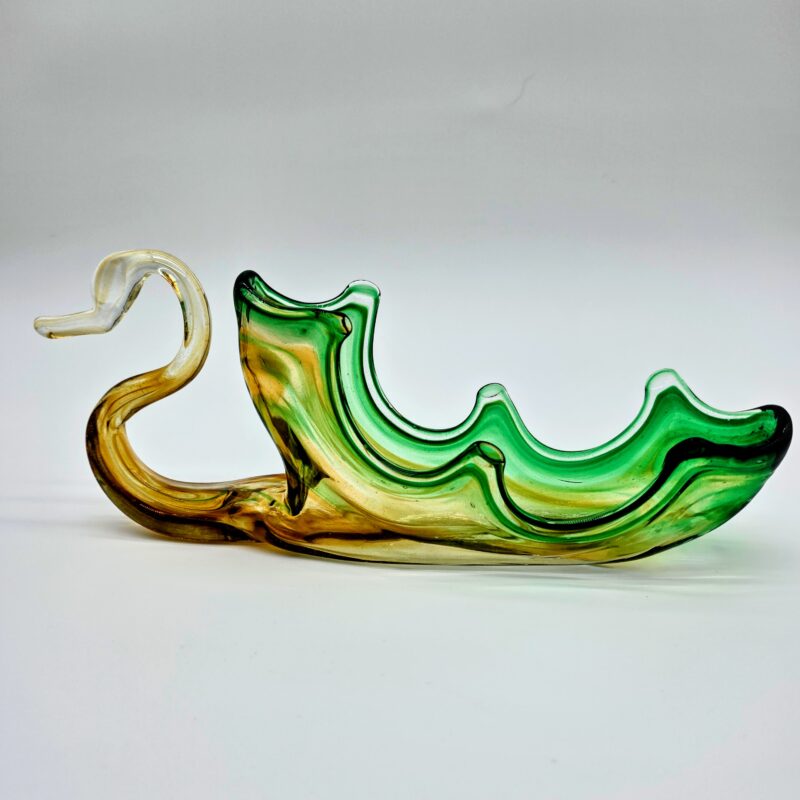 Green and yellow handblown glass swan bowl with scalloped edge and mid-century design.